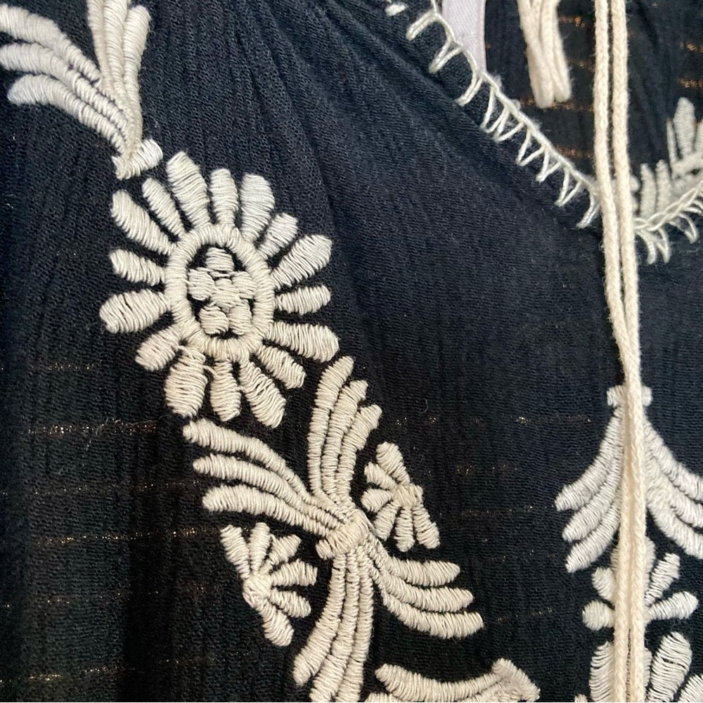 Free People Black Peasant Tunic Mini Dress Ivory Floral Embroidery High Low - Picture 4 of 6